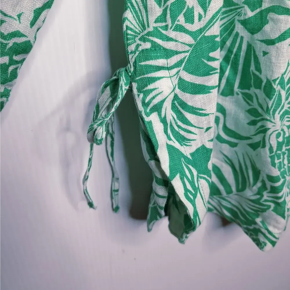 Nicole Miller 100% Linen Tunic Top 1X Pineapple Shells Palm Tropical Beach Green